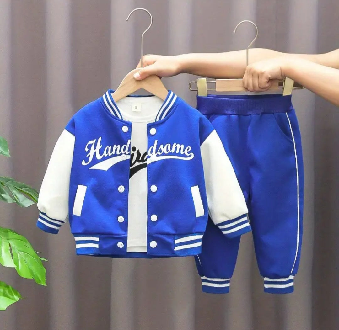 3pcs 95% cotton Boys Letter Print Long Sleeved Baseball Suit Casual Crew Neck Slightly Stretch Set