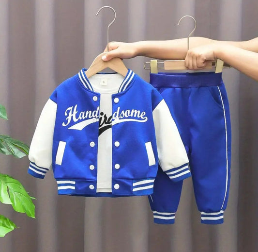 3pcs 95% cotton Boys Letter Print Long Sleeved Baseball Suit Casual Crew Neck Slightly Stretch Set