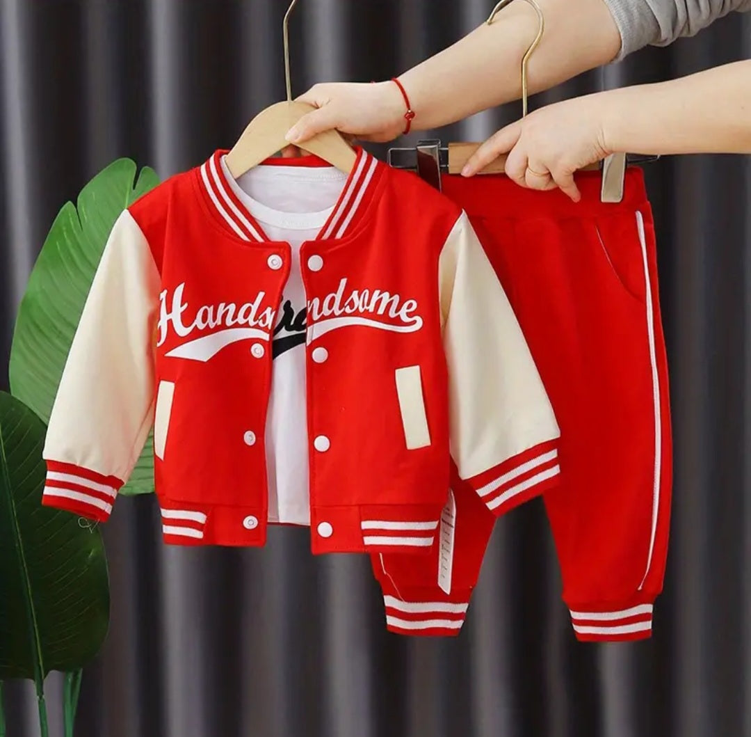 3pcs 95% cotton Boys Letter Print Long Sleeved Baseball Suit Casual Crew Neck Slightly Stretch Set