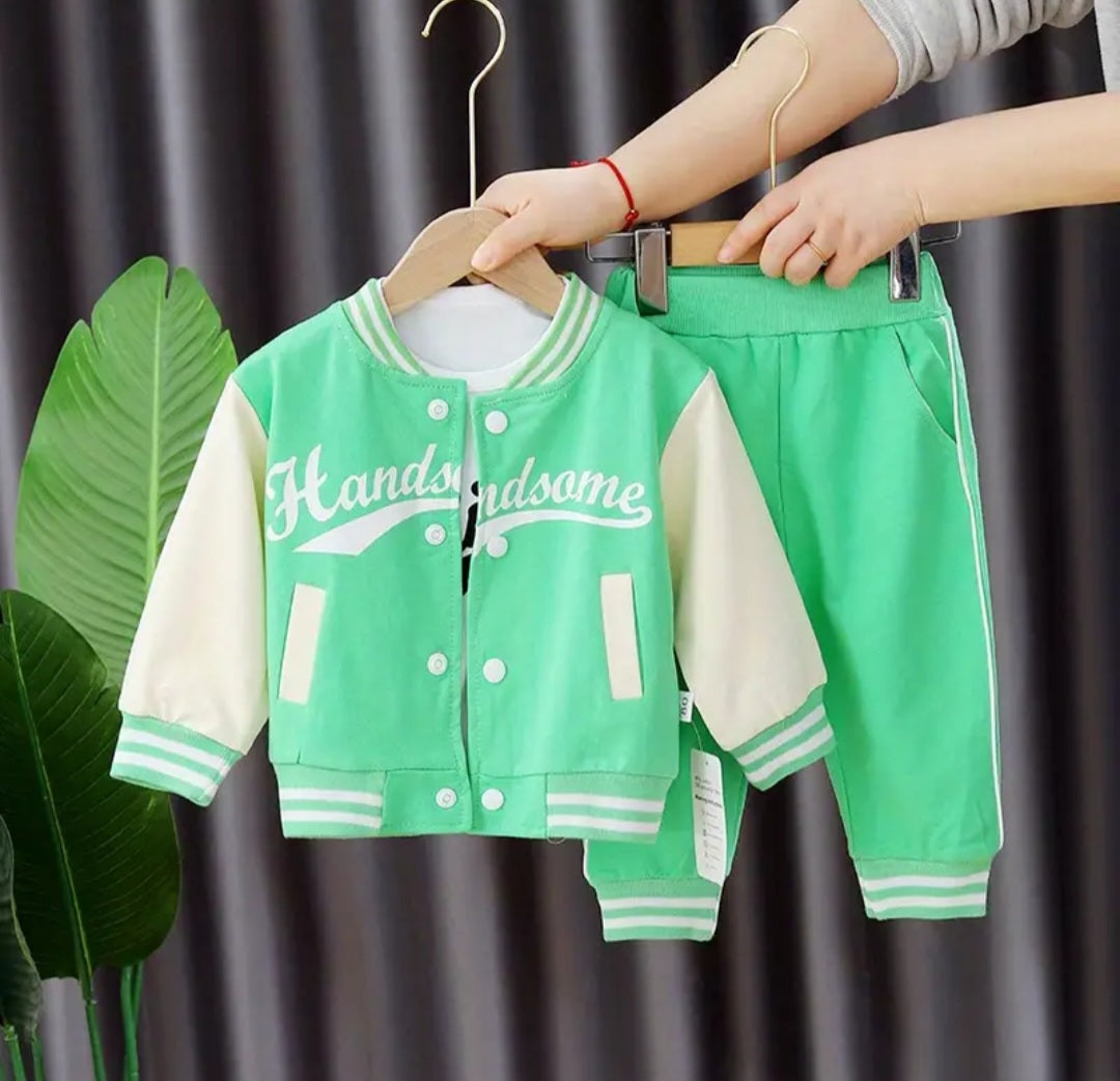 3pcs 95% cotton Boys Letter Print Long Sleeved Baseball Suit Casual Crew Neck Slightly Stretch Set