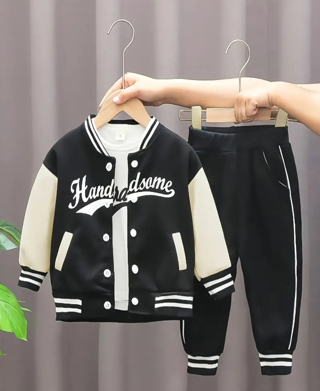 3pcs 95% cotton Boys Letter Print Long Sleeved Baseball Suit Casual Crew Neck Slightly Stretch Set