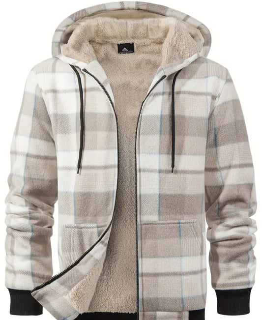 Men's Fleece Plaid Hooded Jacket For Fall Winter, Warm Thick Outwear