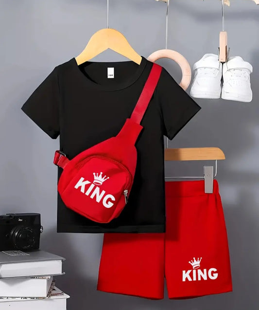 2pcs Boys Casual Solid Short Sleeve T-shirt & KING Letter Print Shorts & Bag Set, Comfy Summer Kids Clothes