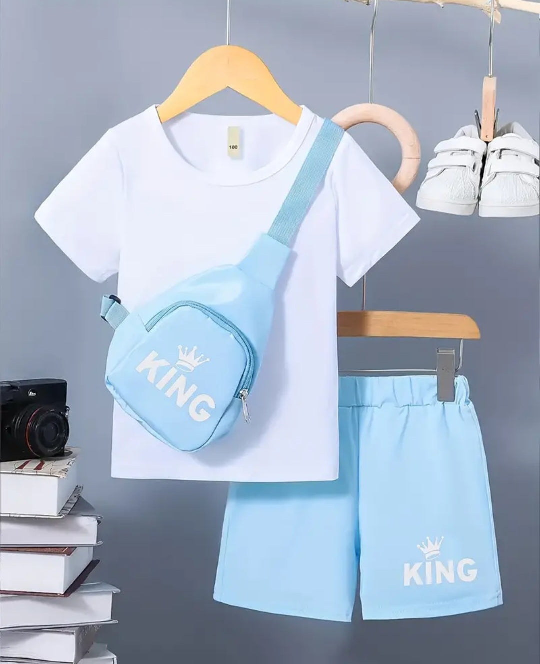 2pcs Boys Casual Solid Short Sleeve T-shirt & KING Letter Print Shorts & Bag Set, Comfy Summer Kids Clothes