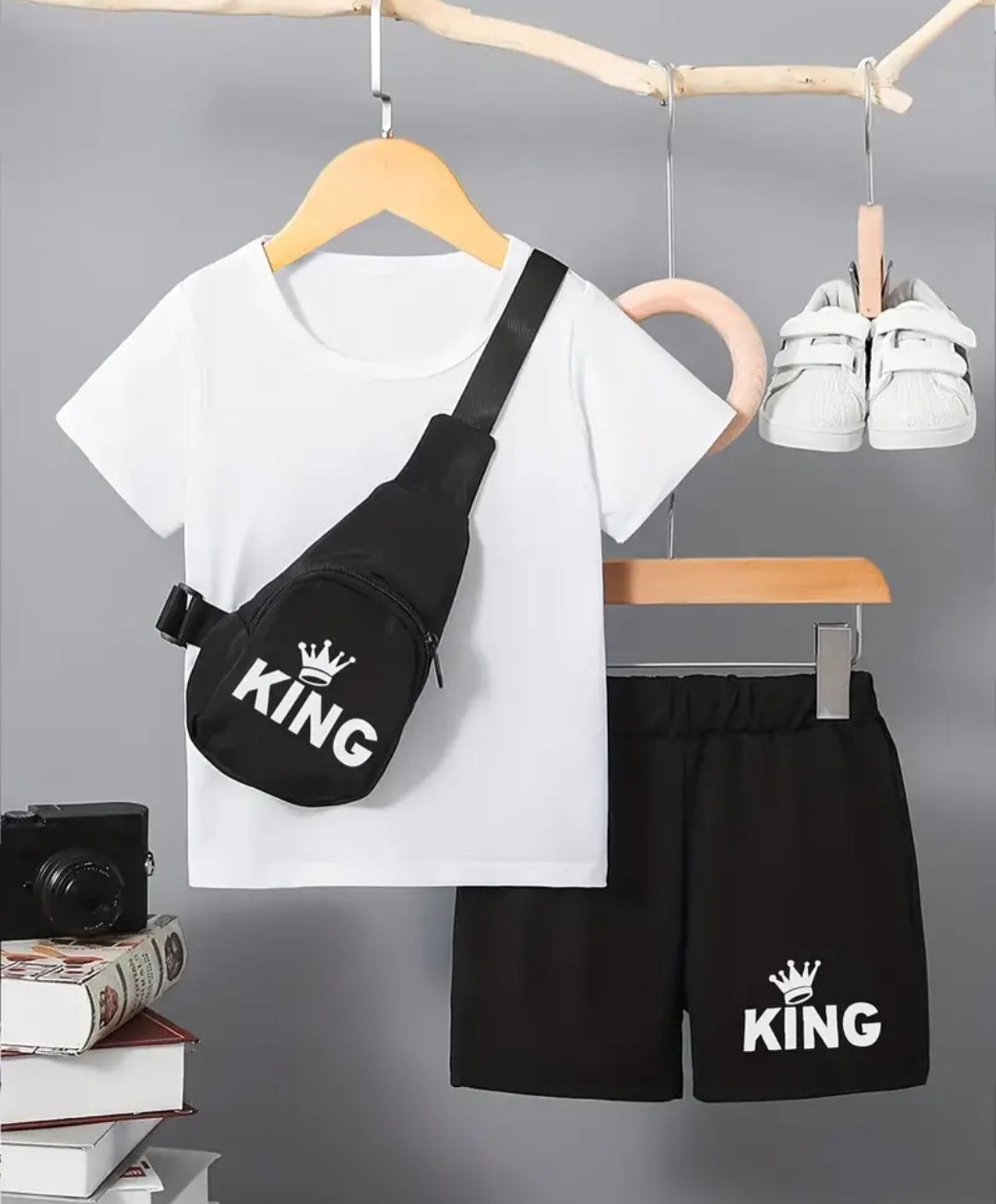 2pcs Boys Casual Solid Short Sleeve T-shirt & KING Letter Print Shorts & Bag Set, Comfy Summer Kids Clothes