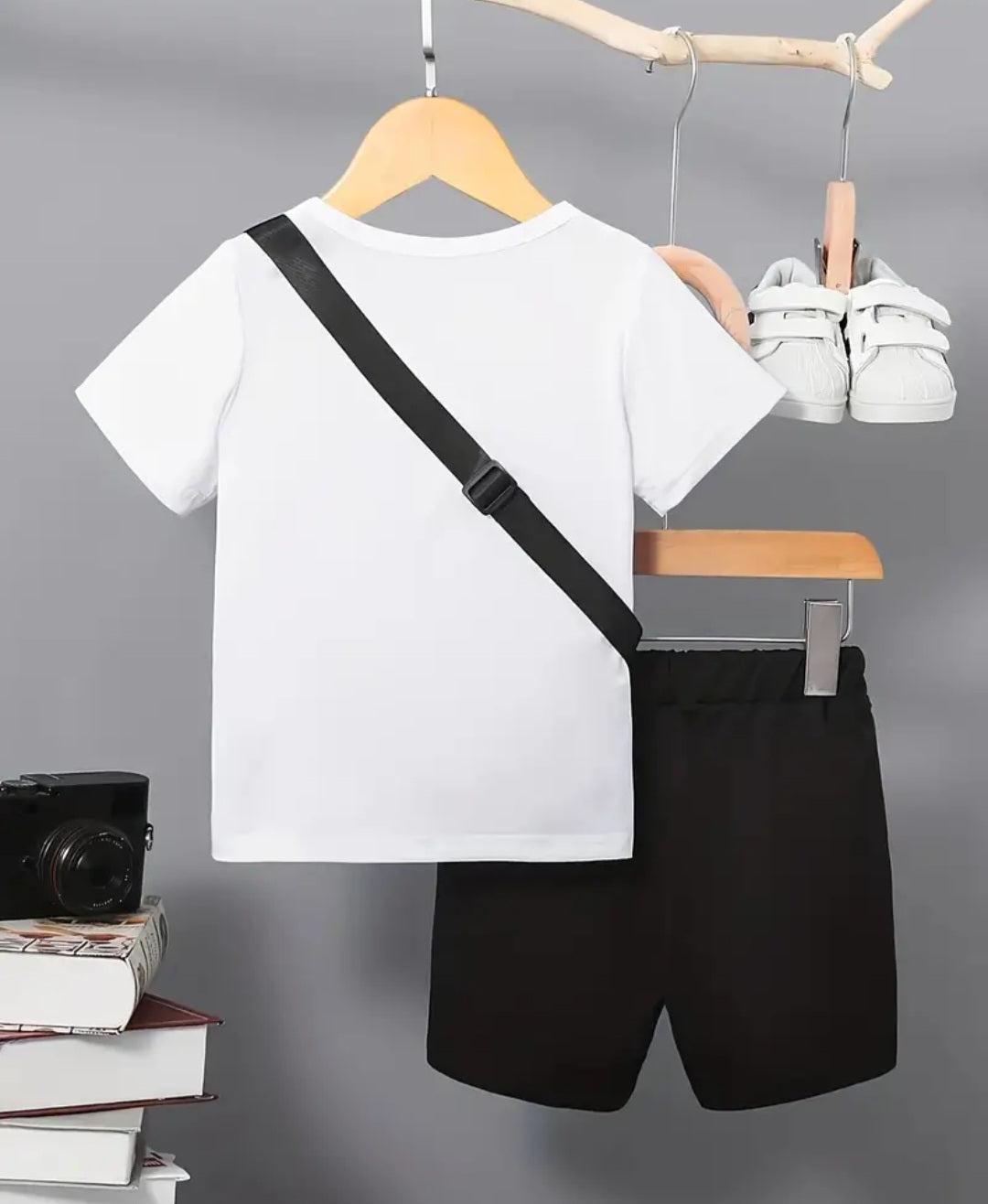 2pcs Boys Casual Solid Short Sleeve T-shirt & KING Letter Print Shorts & Bag Set, Comfy Summer Kids Clothes