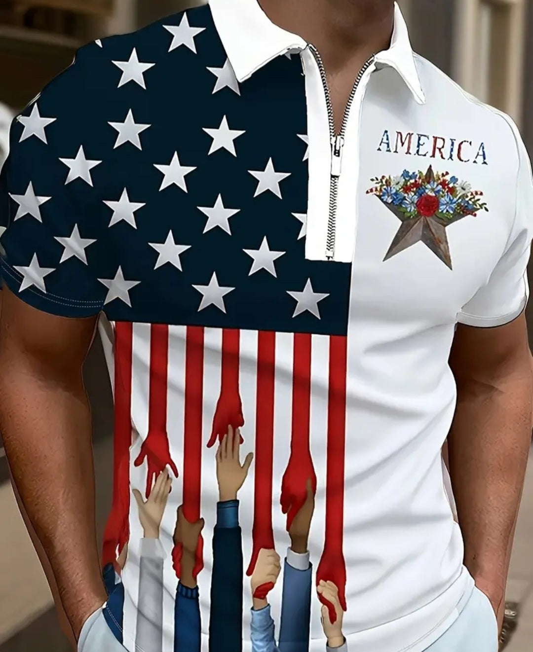 Men's Casual Flag Print Lapel ]/4 Zipper Short Sleeve Shirt For Men's Fitness