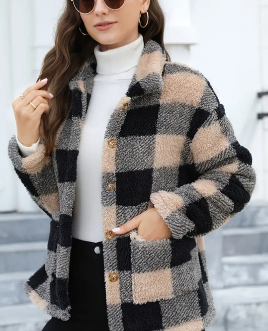 Plaid Print Patched Pockets Teddy Coat, Versatile Long Sleeve Single Breasted Winter Outwear, Women's Clothing