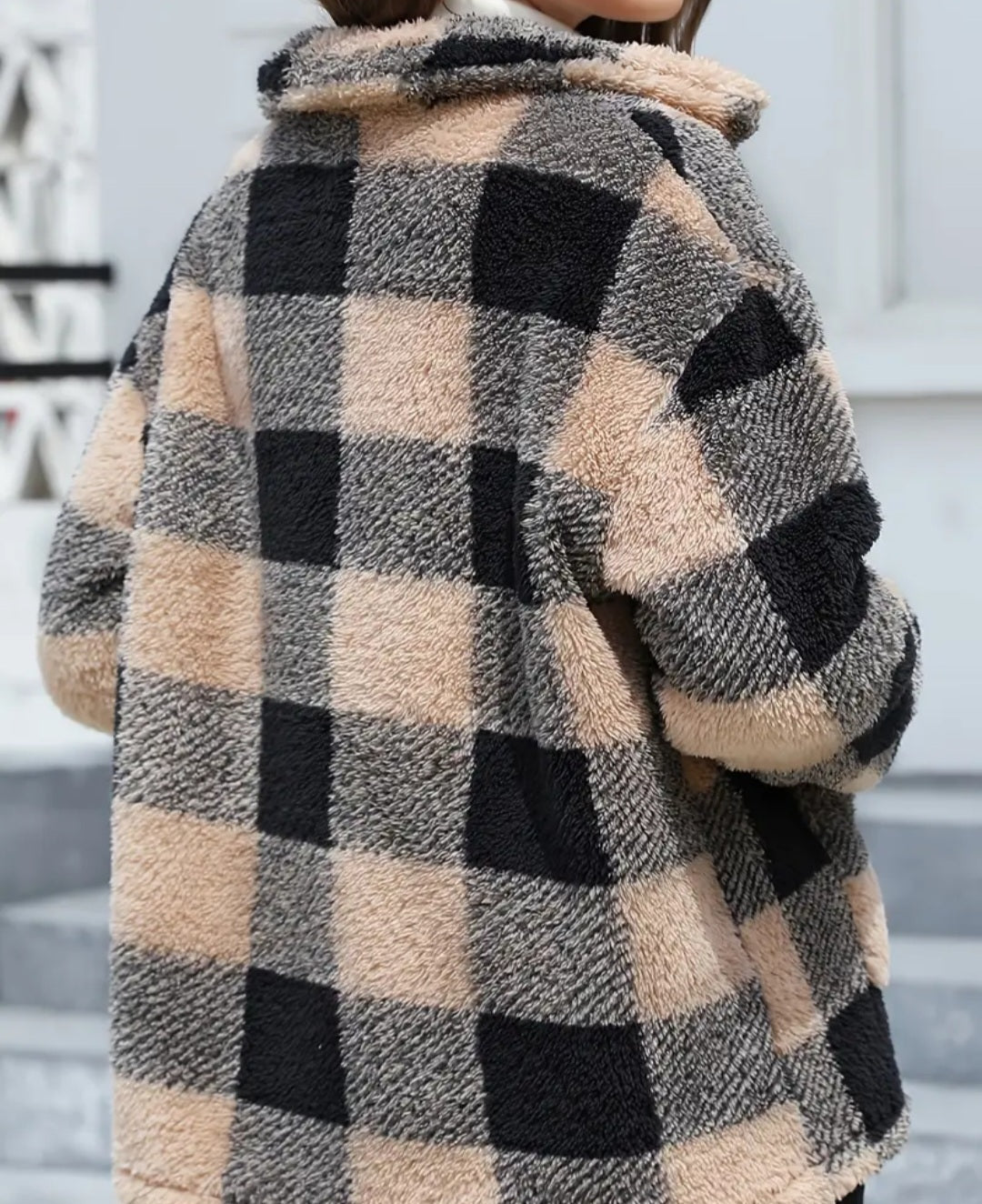 Plaid Print Patched Pockets Teddy Coat, Versatile Long Sleeve Single Breasted Winter Outwear, Women's Clothing