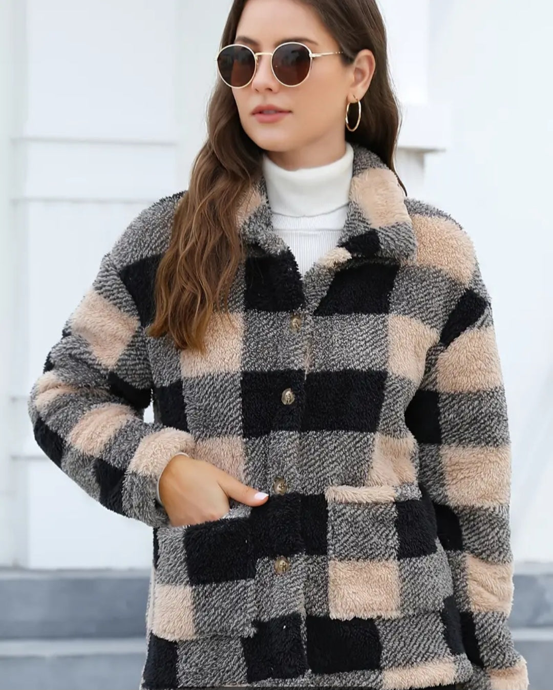 Plaid Print Patched Pockets Teddy Coat, Versatile Long Sleeve Single Breasted Winter Outwear, Women's Clothing