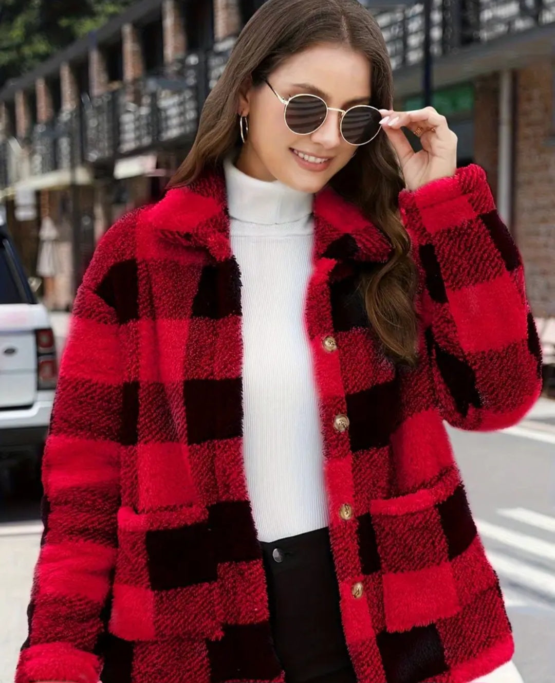 Plaid Print Patched Pockets Teddy Coat, Versatile Long Sleeve Single Breasted Winter Outwear, Women's Clothing