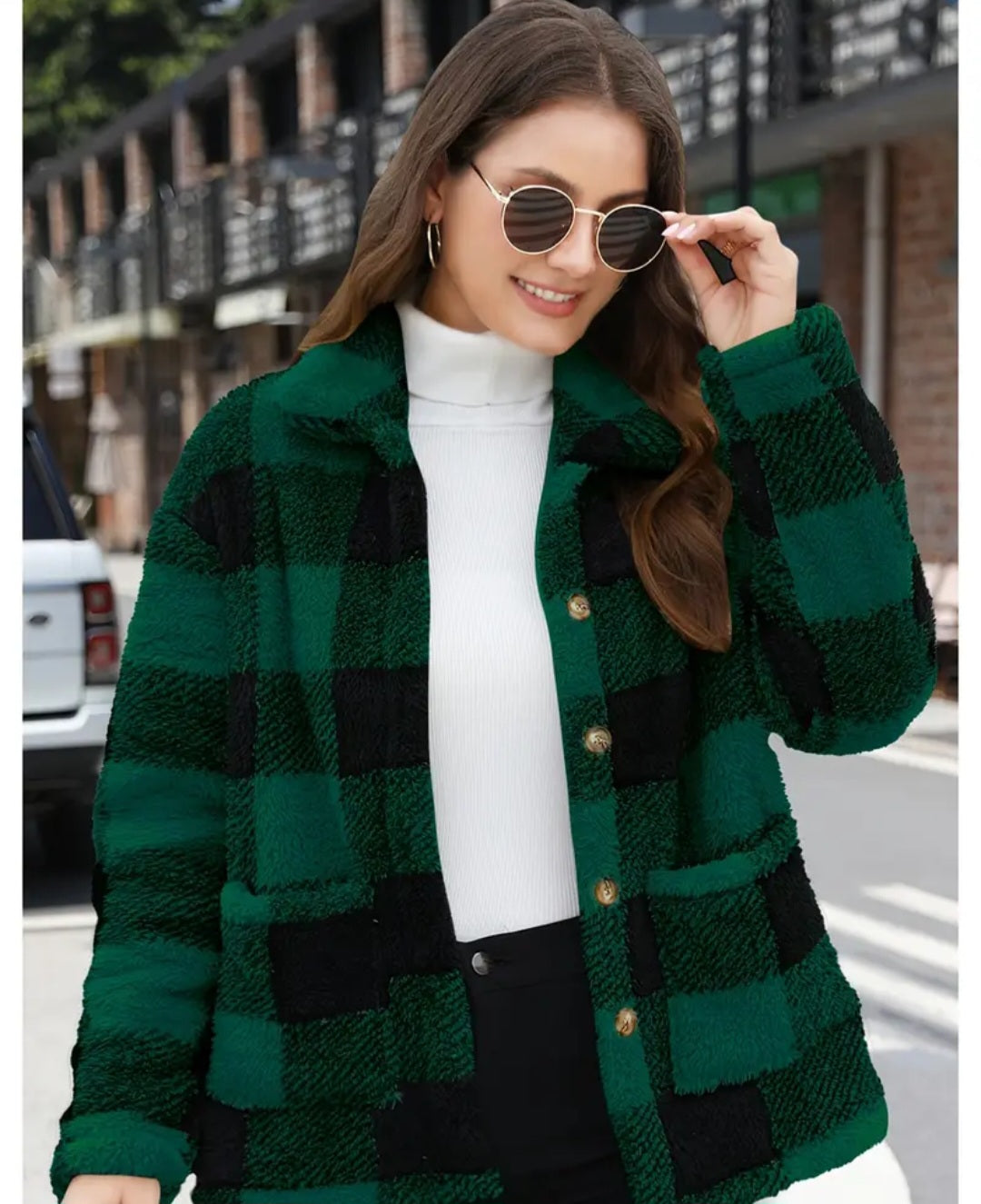 Plaid Print Patched Pockets Teddy Coat, Versatile Long Sleeve Single Breasted Winter Outwear, Women's Clothing