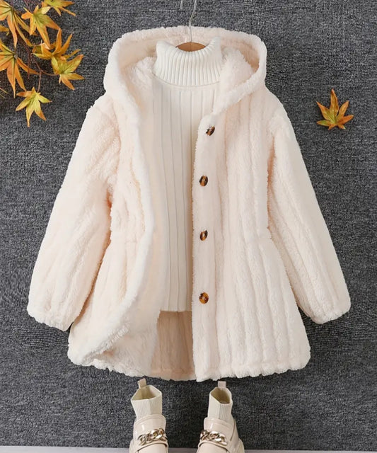 Elegant Solid Fuzzy Cardigan For Girls, Comfy Warm Long Sleeve Casual Hooded Outerwear, Girls Spring/ Fall Clothing