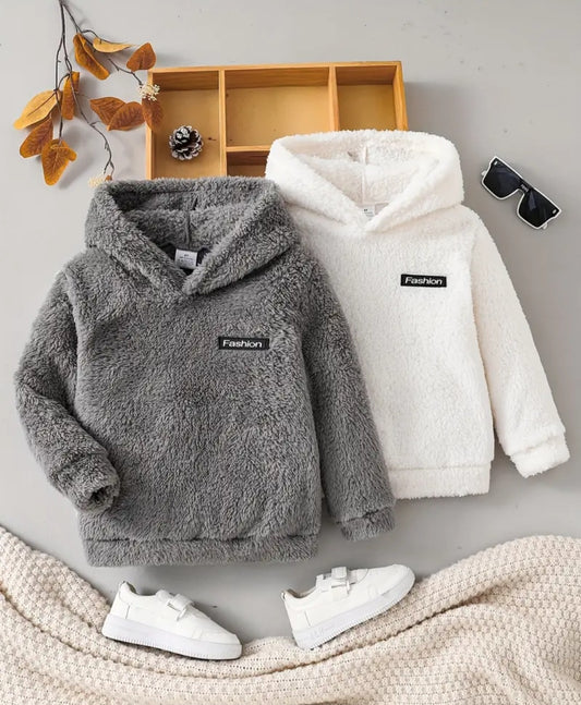 2pcs Boy's Solid Fleece Hooded Sweatshirts, Long Sleeve cozy Winter Tops For Outdoor Street Walking Casual Activities