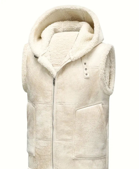 Men's Faux Leather Jacket, Sleeveless Fleece Hooded Outwear Vest For Winter Men Clothes