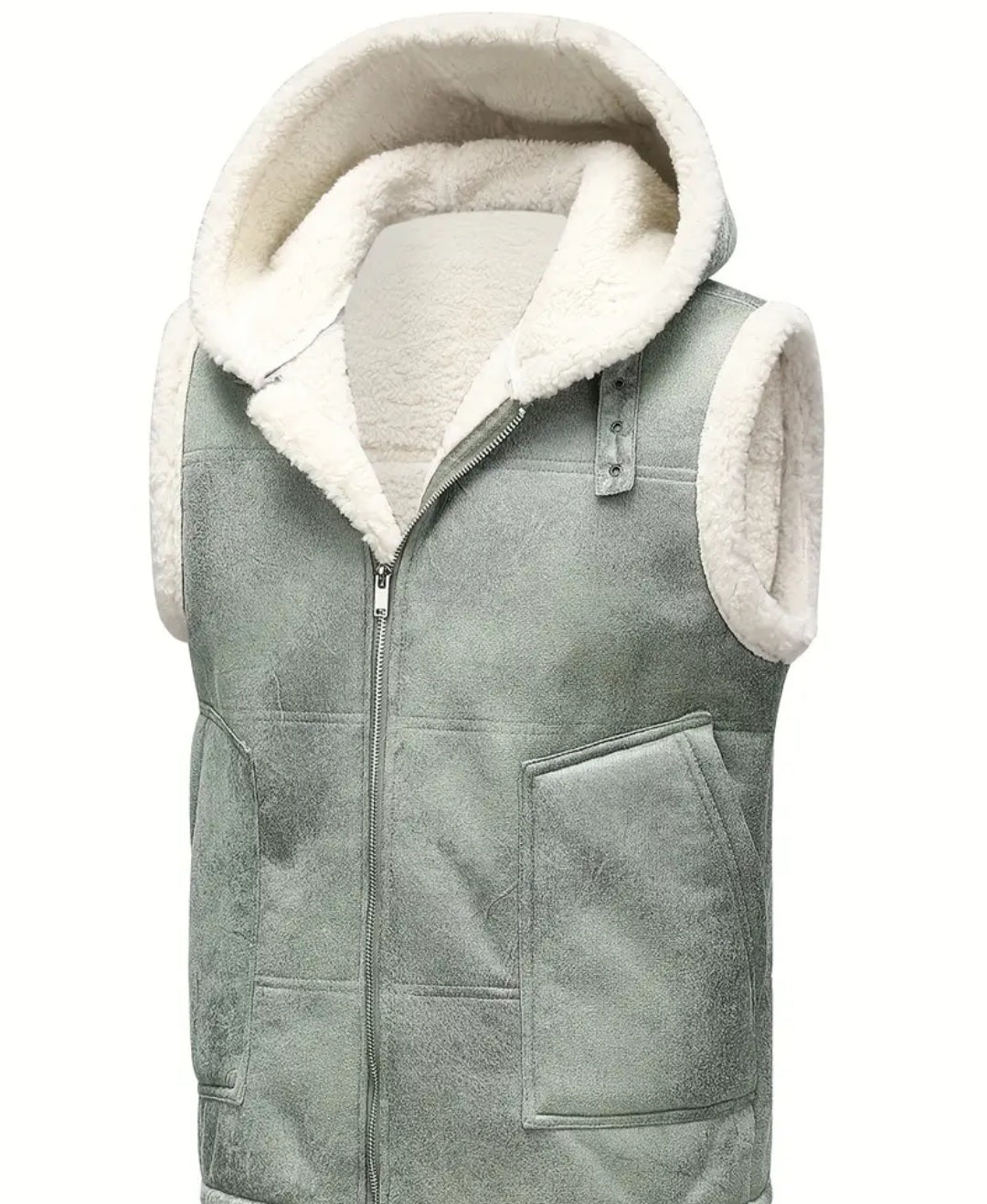 Men's Faux Leather Jacket, Sleeveless Fleece Hooded Outwear Vest For Winter Men Clothes