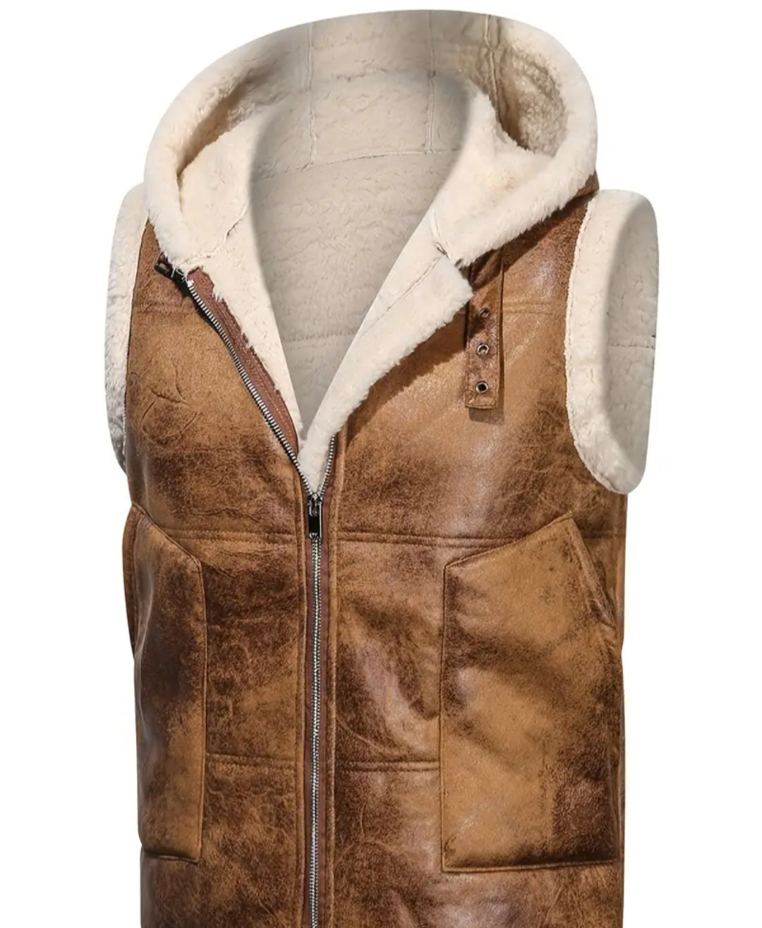 Men's Faux Leather Jacket, Sleeveless Fleece Hooded Outwear Vest For Winter Men Clothes