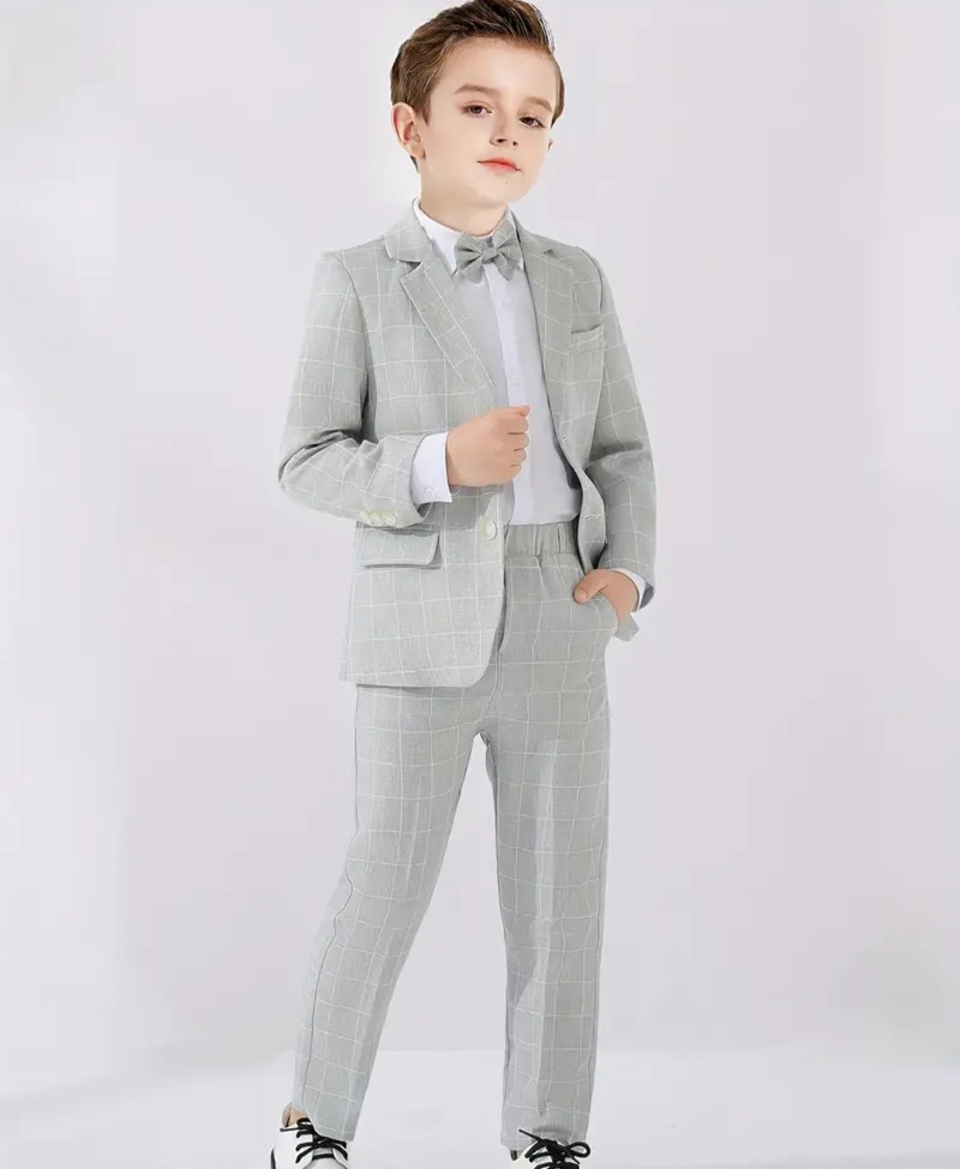 3pcs Boys Formal Plaid Gentleman Outfits, Long Sleeve Blazer&Bowtie&Pants, Kids Clothing Set For Competition Performance Wedding Banquet Dress