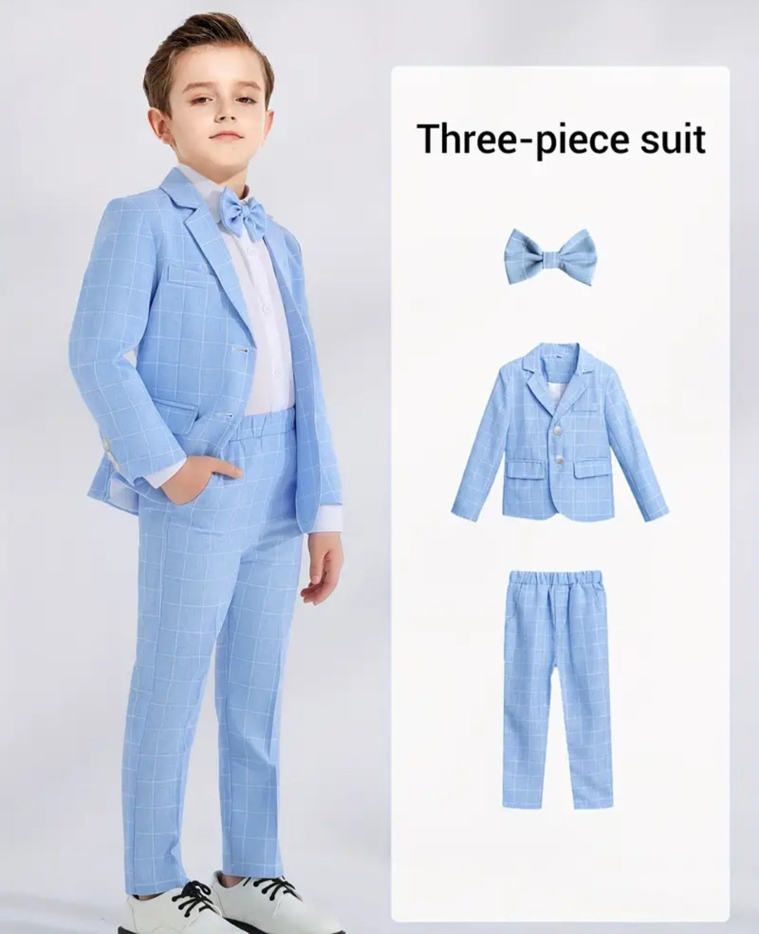 3pcs Boys Formal Plaid Gentleman Outfits, Long Sleeve Blazer&Bowtie&Pants, Kids Clothing Set For Competition Performance Wedding Banquet Dress