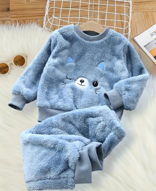 2pcs Boy's Comfy Fleece Outfit, Cat Embroidered Sweatshirt & Pants Set, Kid's Clothes For Fall Winter,