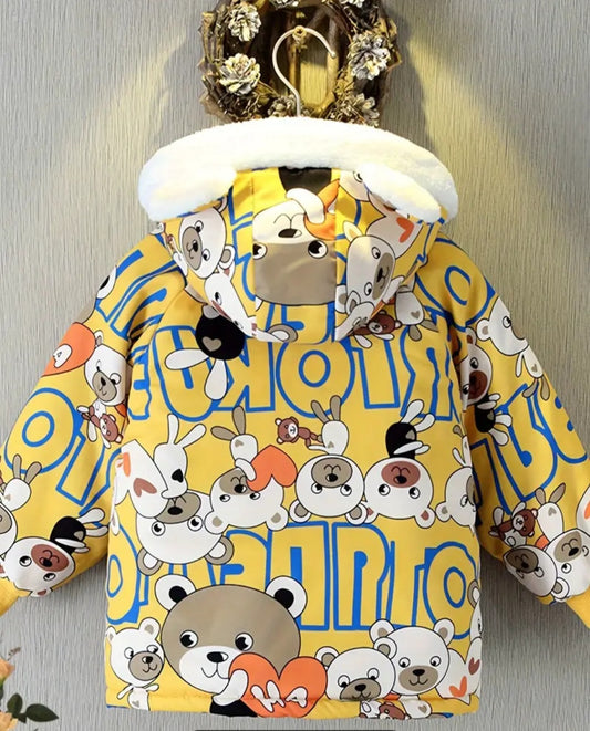 Boys Cartoon Bear Full Print Fleece Lining Hooded Jacket, Long Sleeve Zip Up Warm Jacket, Kids' Clothes For Spring Fall Winter Outdoor