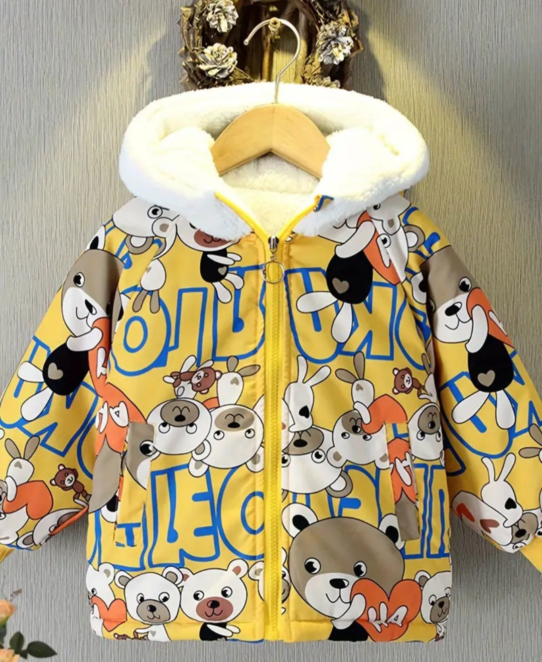 Boys Cartoon Bear Full Print Fleece Lining Hooded Jacket, Long Sleeve Zip Up Warm Jacket, Kids' Clothes For Spring Fall Winter Outdoor