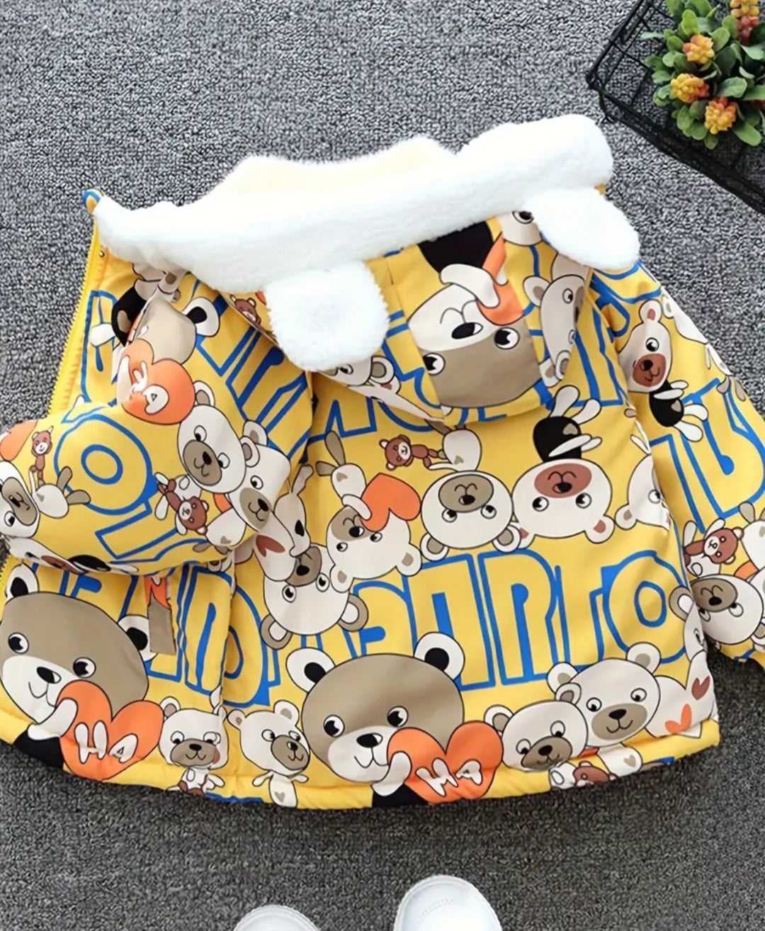 Boys Cartoon Bear Full Print Fleece Lining Hooded Jacket, Long Sleeve Zip Up Warm Jacket, Kids' Clothes For Spring Fall Winter Outdoor