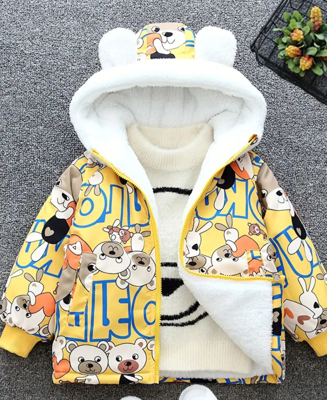 Boys Cartoon Bear Full Print Fleece Lining Hooded Jacket, Long Sleeve Zip Up Warm Jacket, Kids' Clothes For Spring Fall Winter Outdoor