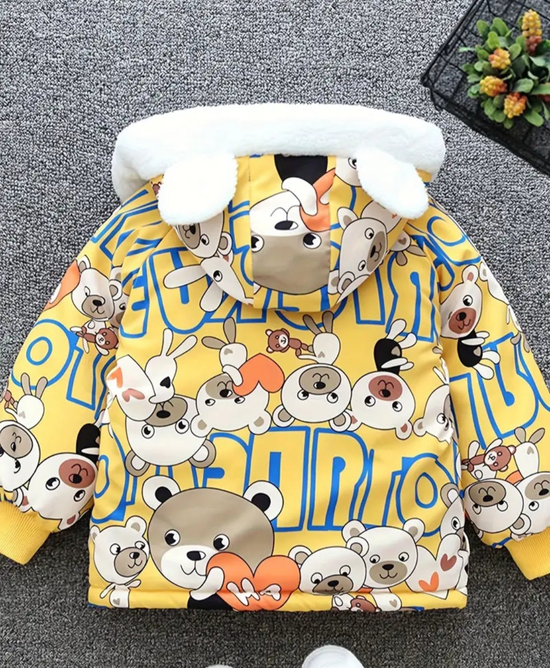 Boys Cartoon Bear Full Print Fleece Lining Hooded Jacket, Long Sleeve Zip Up Warm Jacket, Kids' Clothes For Spring Fall Winter Outdoor