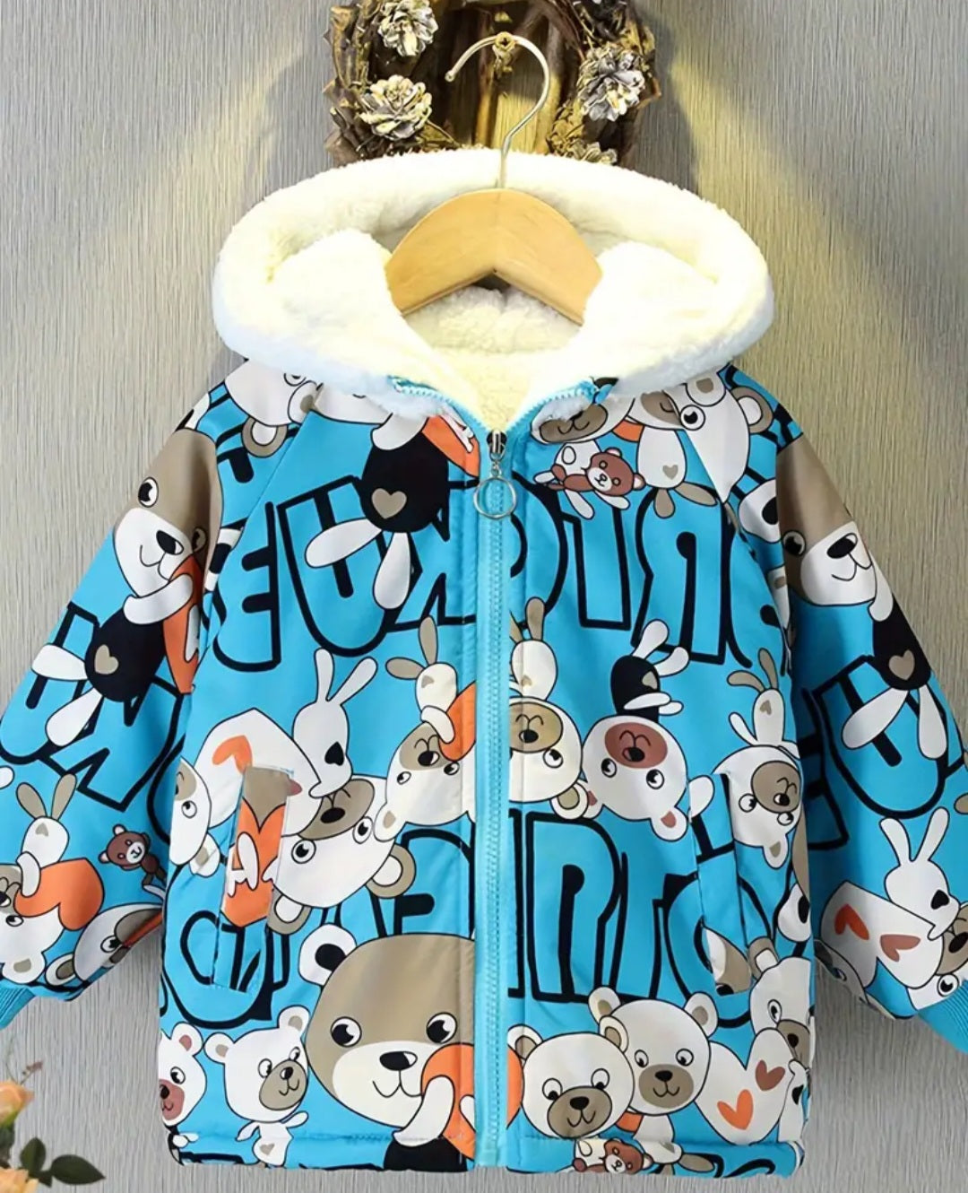 Boys Cartoon Bear Full Print Fleece Lining Hooded Jacket, Long Sleeve Zip Up Warm Jacket, Kids' Clothes For Spring Fall Winter Outdoor