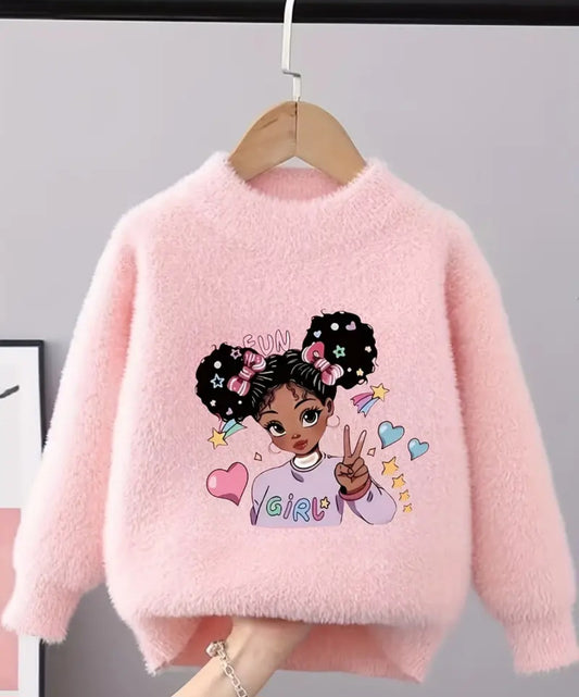 Sweet Doll Pattern Faux Mink Fleece Sweater For Girls, Crew Neck Casual Cute Jumper Top, Girls Winter/ Fall Clothing