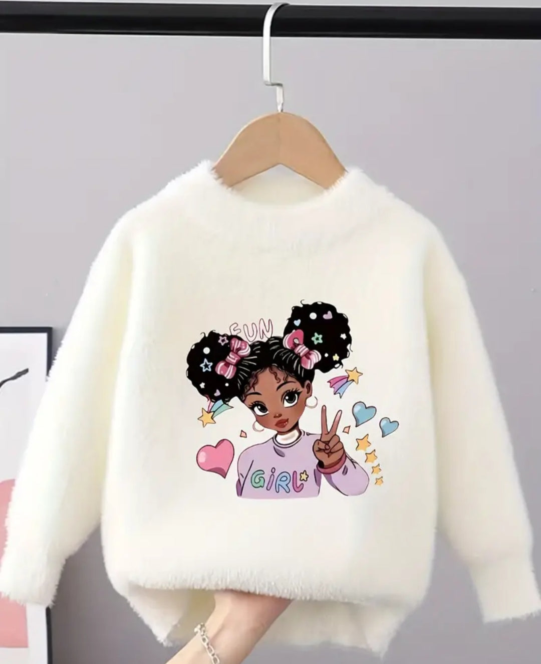 Sweet Doll Pattern Faux Mink Fleece Sweater For Girls, Crew Neck Casual Cute Jumper Top, Girls Winter/ Fall Clothing