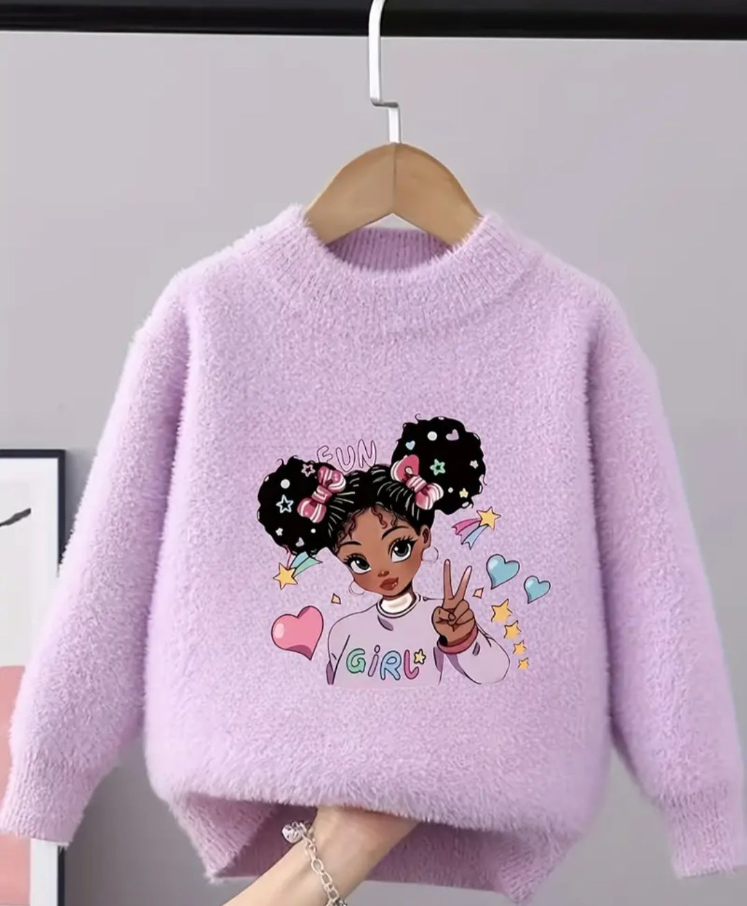 Sweet Doll Pattern Faux Mink Fleece Sweater For Girls, Crew Neck Casual Cute Jumper Top, Girls Winter/ Fall Clothing