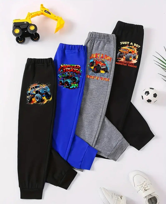 Boys' 4-Pack Casual Sports Pants with Cool Monster Truck Prints - Polyester and Elastane Blend, Slight Stretch, Long-Length Trousers for Weekend Casual, Fall/Winter Season, Knit Fabric, Ages 12 & Under