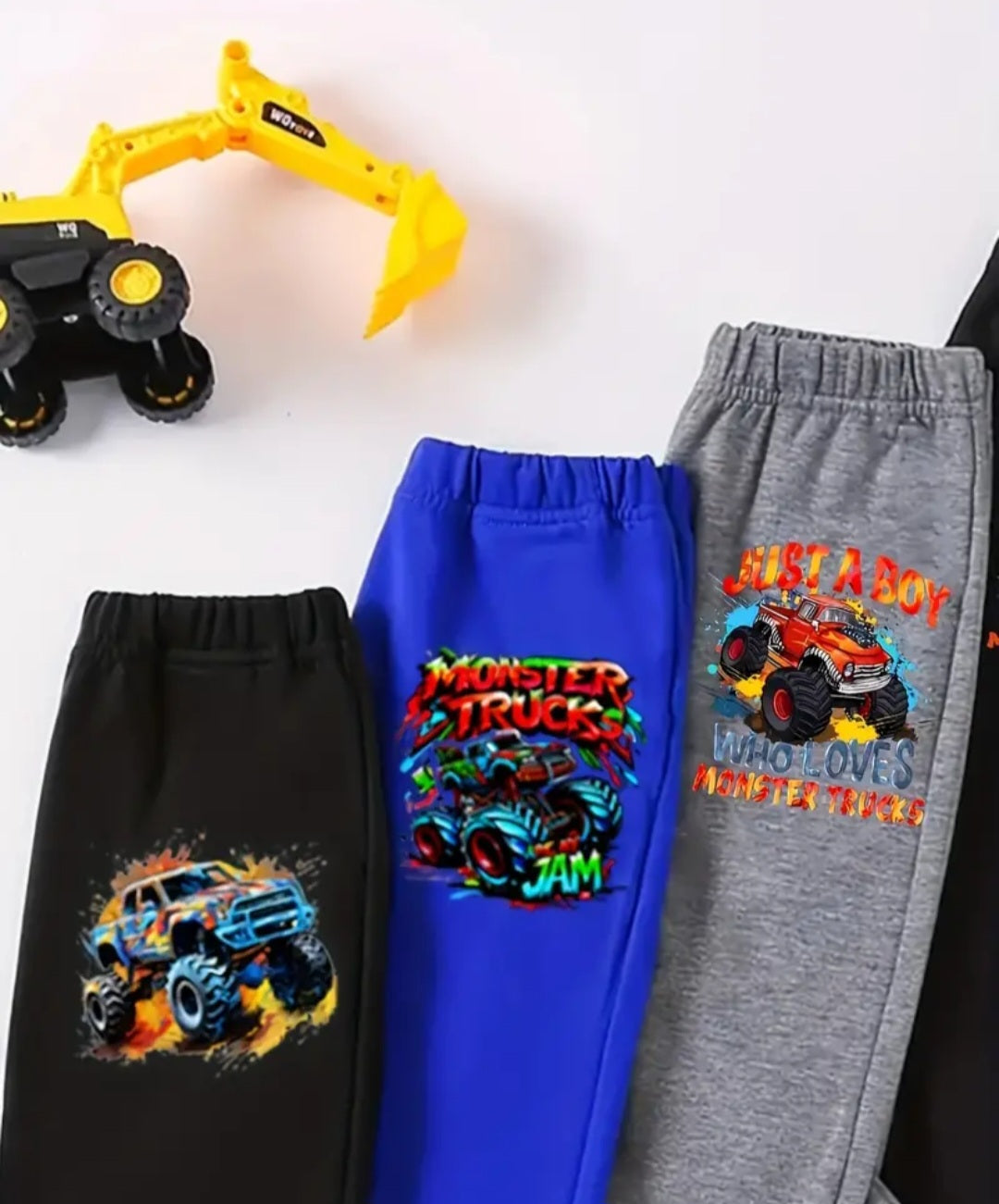 Boys' 4-Pack Casual Sports Pants with Cool Monster Truck Prints - Polyester and Elastane Blend, Slight Stretch, Long-Length Trousers for Weekend Casual, Fall/Winter Season, Knit Fabric, Ages 12 & Under