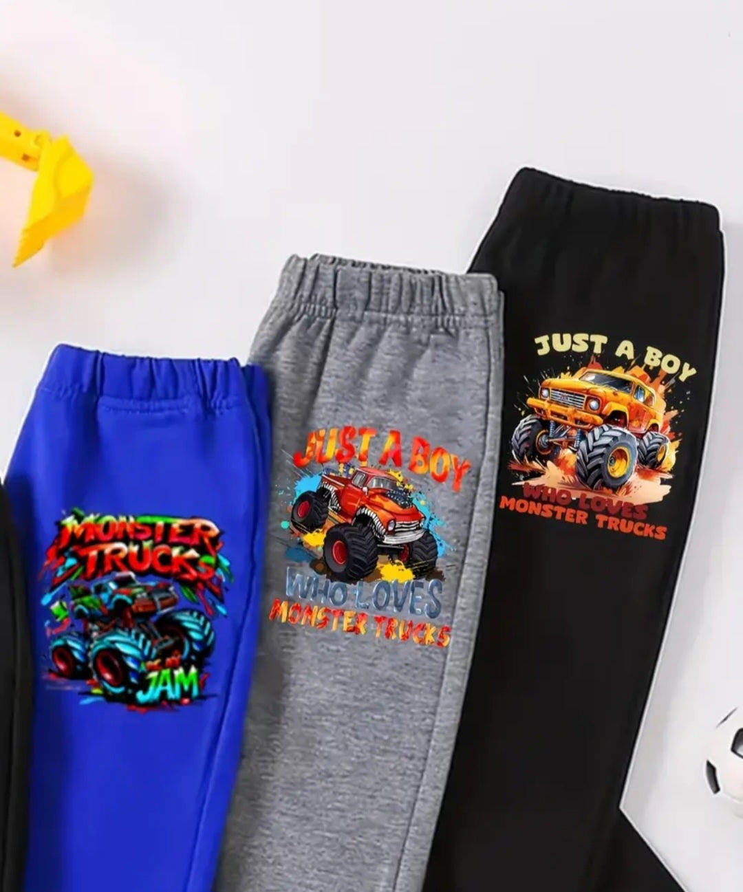 Boys' 4-Pack Casual Sports Pants with Cool Monster Truck Prints - Polyester and Elastane Blend, Slight Stretch, Long-Length Trousers for Weekend Casual, Fall/Winter Season, Knit Fabric, Ages 12 & Under