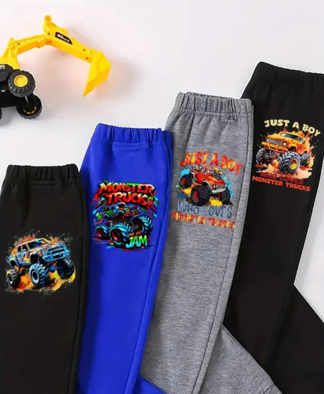 Boys' 4-Pack Casual Sports Pants with Cool Monster Truck Prints - Polyester and Elastane Blend, Slight Stretch, Long-Length Trousers for Weekend Casual, Fall/Winter Season, Knit Fabric, Ages 12 & Under