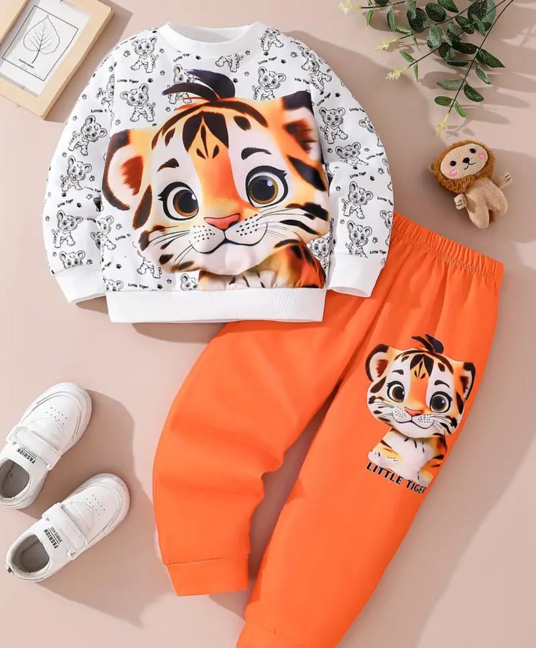 Boys' 2pcs Cute Tiger Print Casual Sweatshirt & Joggers Set-Perfect Gift, Polyester Blend, Machine Washable