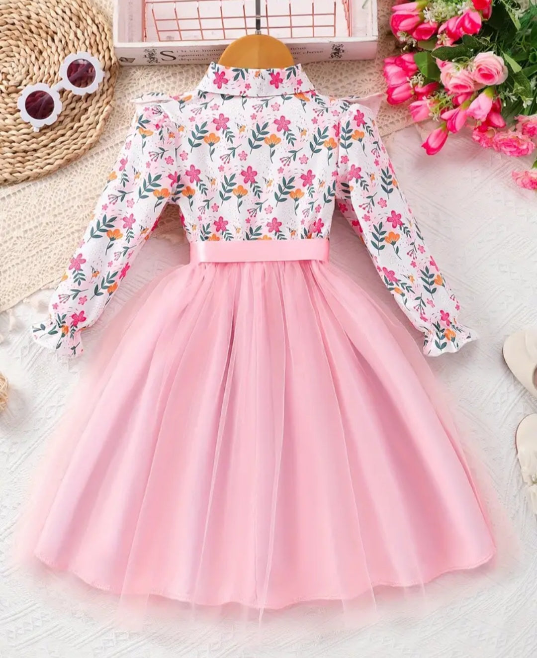 Girls Stylish & Cute Long Sleeve Mesh Spliced Floral Pattern Ruffle Button Up Belted Dress For Fall & Winter Holiday, Outdoor Cloth