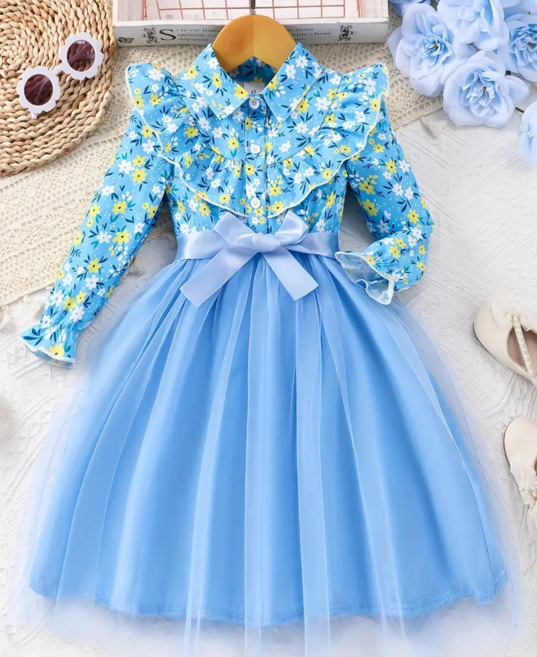 Girls Stylish & Cute Long Sleeve Mesh Spliced Floral Pattern Ruffle Button Up Belted Dress For Fall & Winter Holiday, Outdoor Cloth